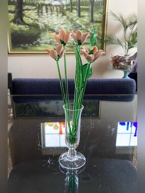 Vtg Hand Blown Art Glass Flowers Pink Tulips Bouquet & Trumpet Vase Set 7 Pieces